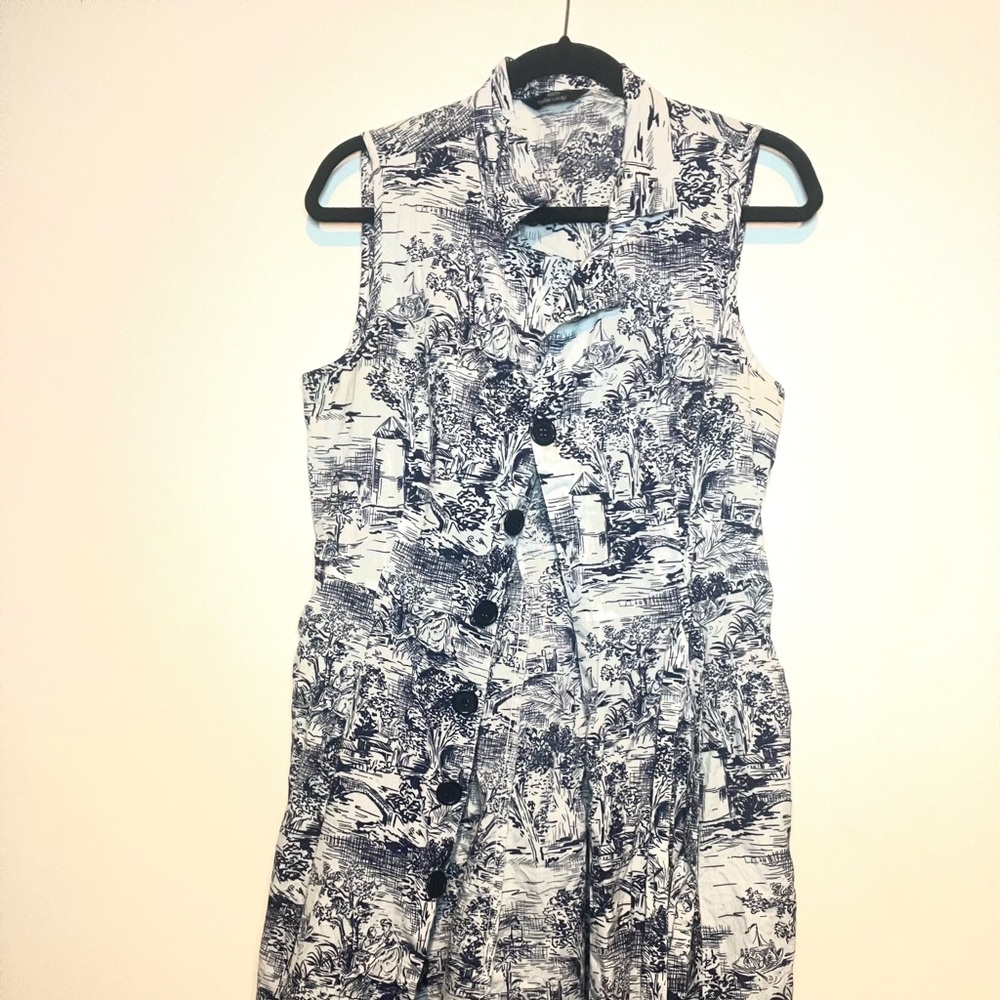 Navy blue and white toile dress.